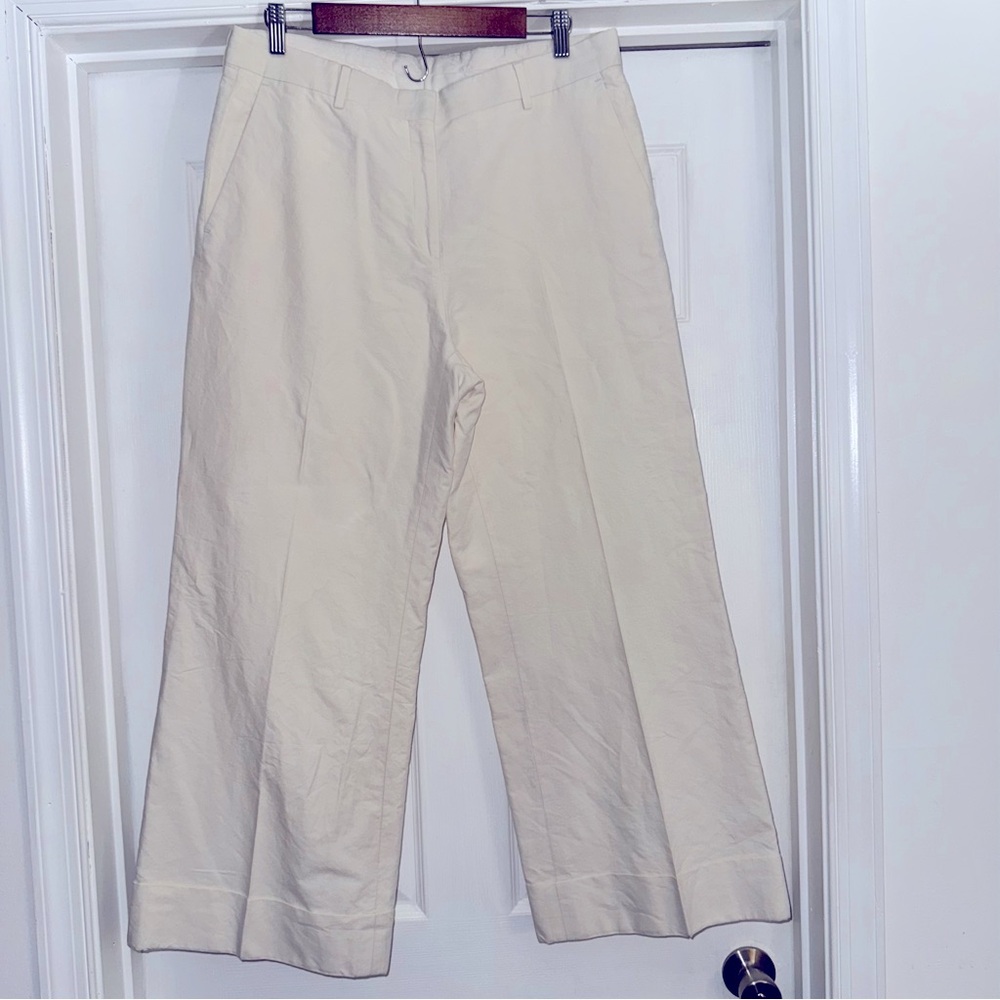 Dries Van Noten Wide Leg Cuffed Pants High Rise 42 White Cotton Linen